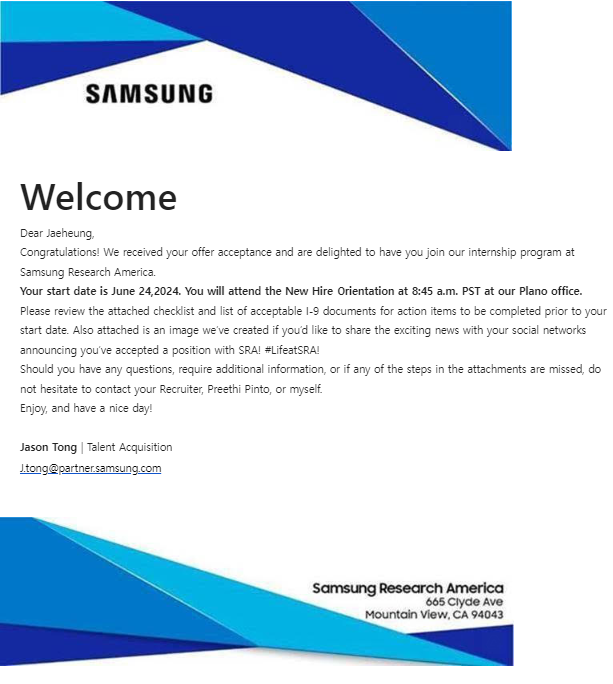 Samsung Research America (SRA) 인턴쉽 프로그램 배재흥,윤성준 석사 대표이미지