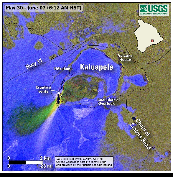 6월 7일 킬라우에아 화산의 분출물 이동 퇴적 경로 위성분석 영상(USGS HVO제공 자료) 대표이미지